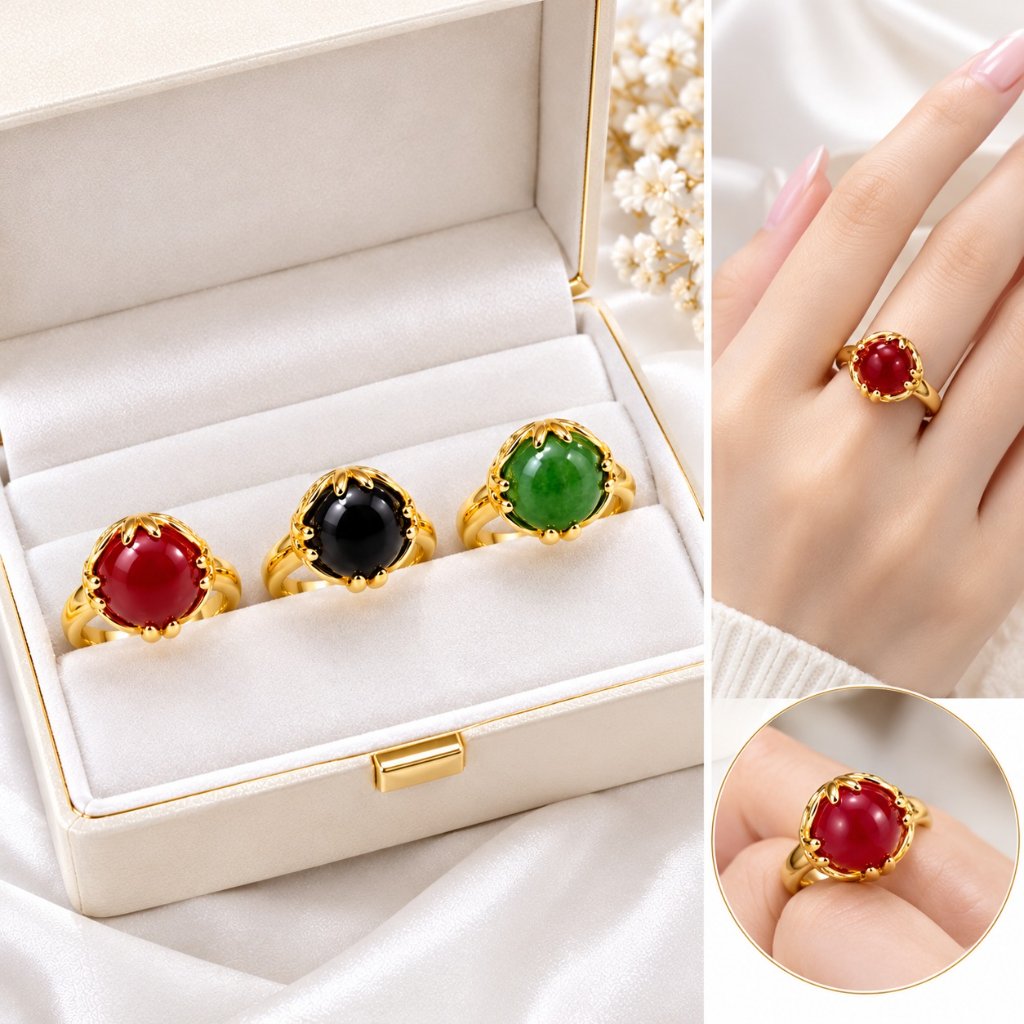 Cicin Pria&Wanita Motif Batu Giok Merah/Hijau/Hitam Perhiasan Dewasa Simple Elegan