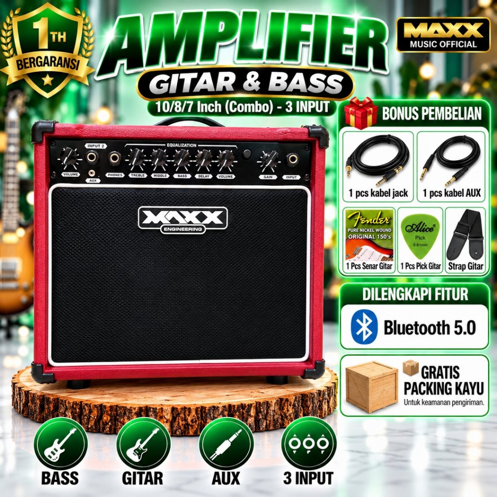 Ampli gitar dan bass 10 inch 8 inch 7 Inch bluetooth 3 input bisa karaoke ada efek delay & distorsi 