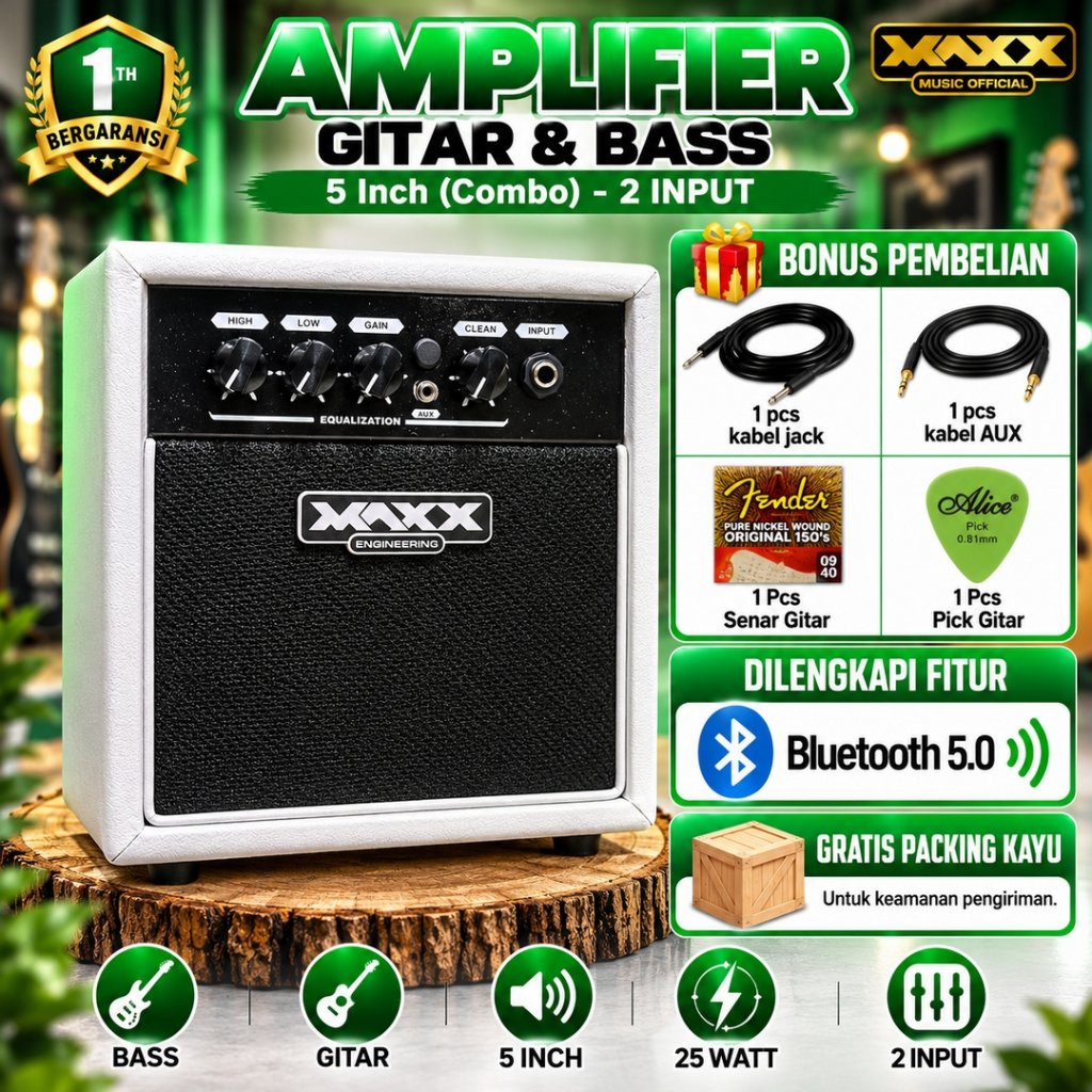 Ampli gitar & bass original bluetooth 5 Inch with efek distorsi & delay putih