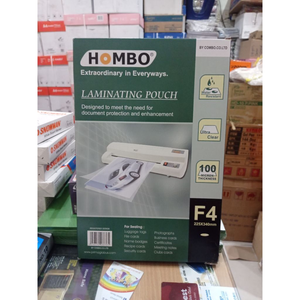 

laminating folio merek hombo 225x340mm 100micron (1kotak isi 100lbr)