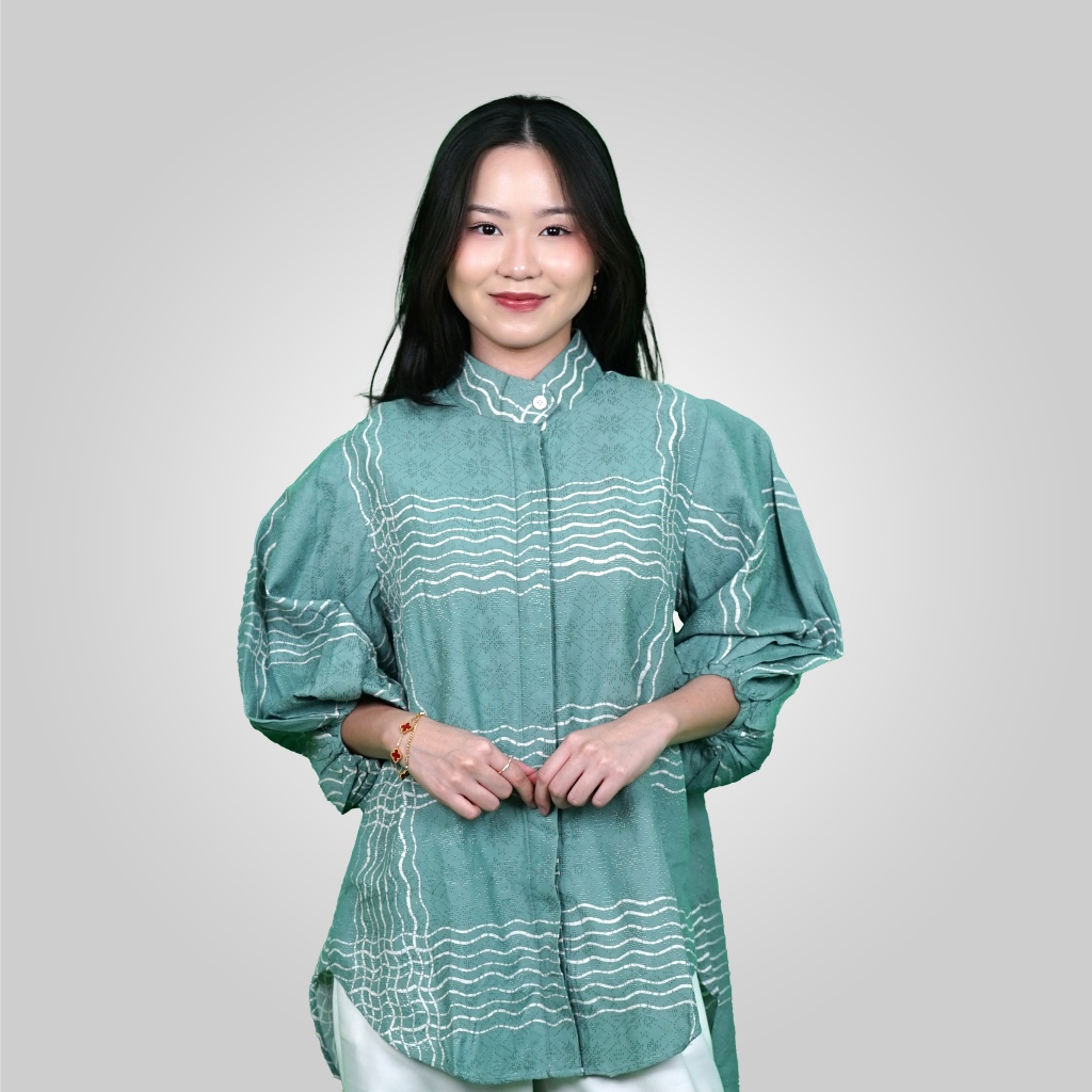 BATIK TRUSMI Atasan Wanita Blouse Batik Pendek Linda Warna Sage