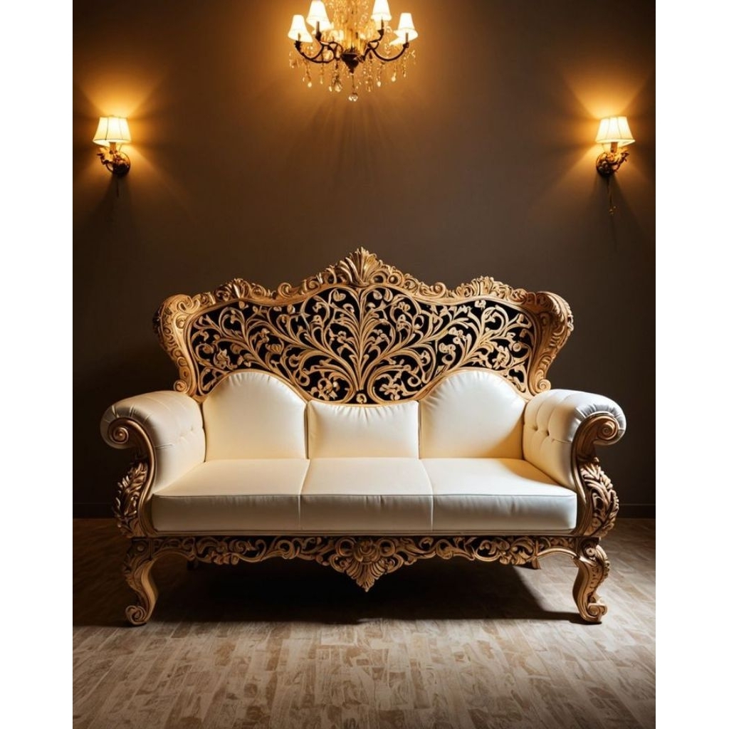 Sofa Ukir Jepara Kayu Jati Mewah – Kursi Tamu Elegan Klasik Jok Kulit Premium