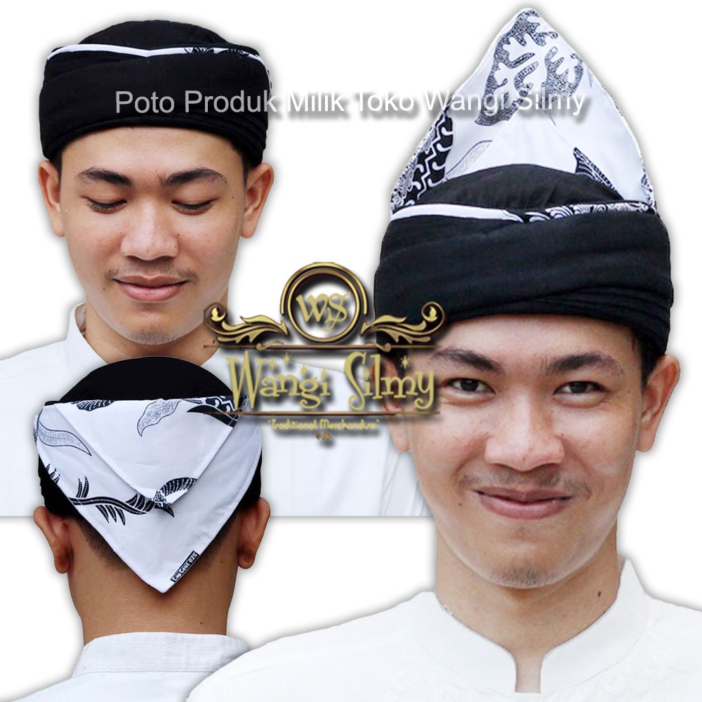 Iket Kepala Sunda Kombinasi Makuta Naga & Candra Sumirat Hitam Motif Batik Putih - Iket Blangkon Sun