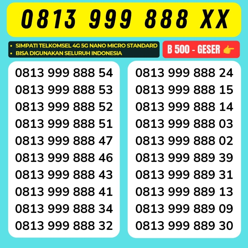 NOMOR CANTIK TELKOMSEL SIMPATI SUPER 4G LTE 5G NOMER KWARTED NOMOR 999 888