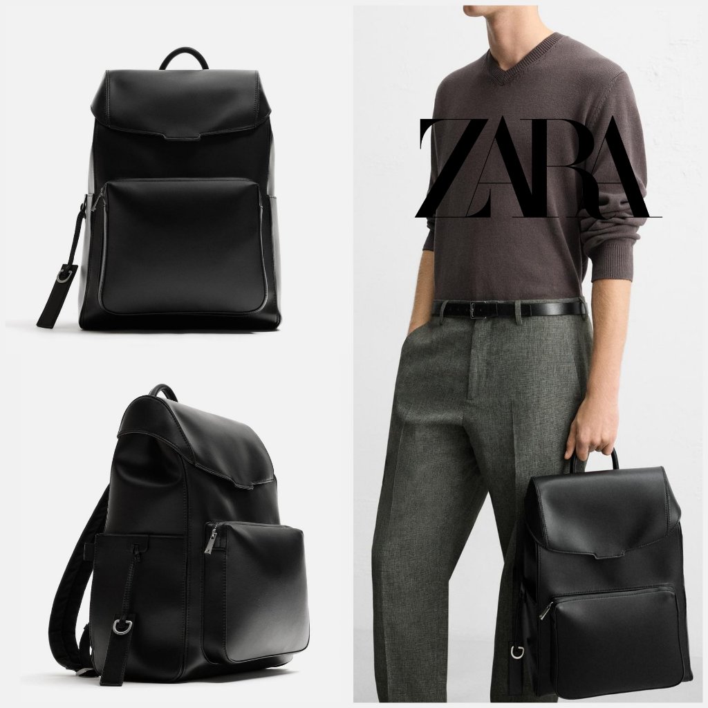 Tas Ransel Pria Zara Original Black Flap Backpack Laptop Man Bag Tas Cowok Foldover Hitam Laki Laki 