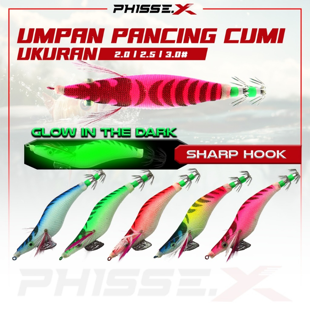 PHISSE.X Umpan Pancing Cumi Ukuran 2.0#/2.5#/3.0#/ Umpan Squid Jig Belang Tajam Nyala Malam/Umpan Cu