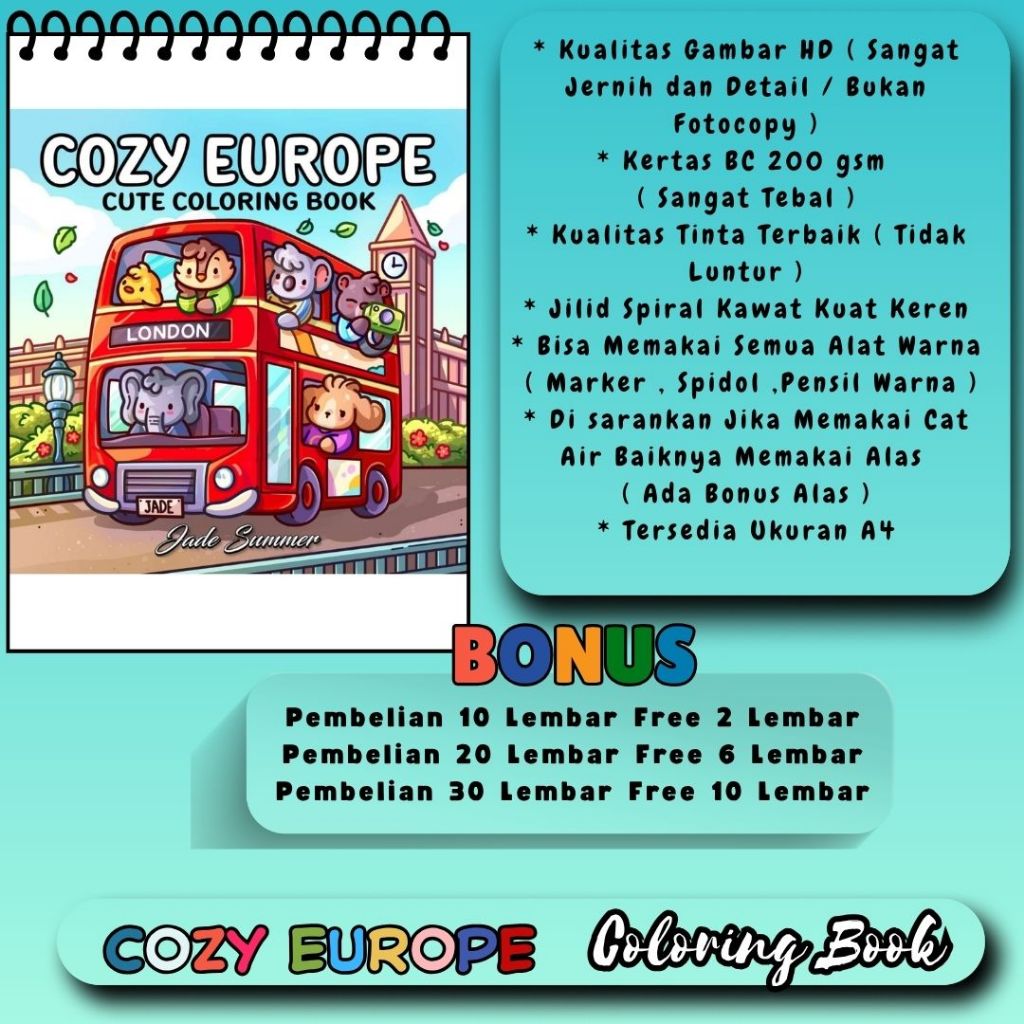 

COZY EUROPE Cute Coloring Book Buku Mewarnai Terbaru Gambar Sketsa Jernih Jelas HD Kertas Tebal 200 gsm Jilid Spiral Kawat Kuat