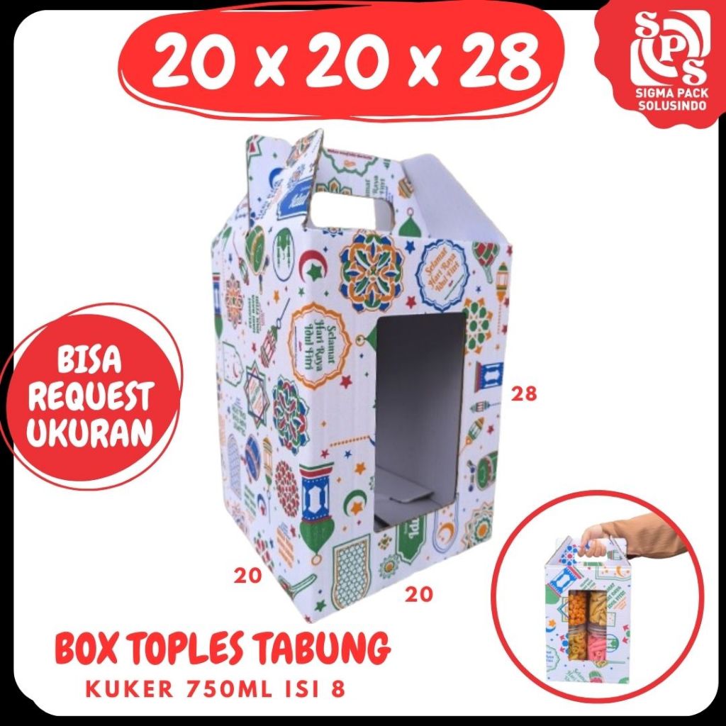 

Kardus Jinjing 20x20x28 (KUKER TOPLES JAR 8x750ml) Gable Box Idul Fitri Boneka/Hampers Kue Kering