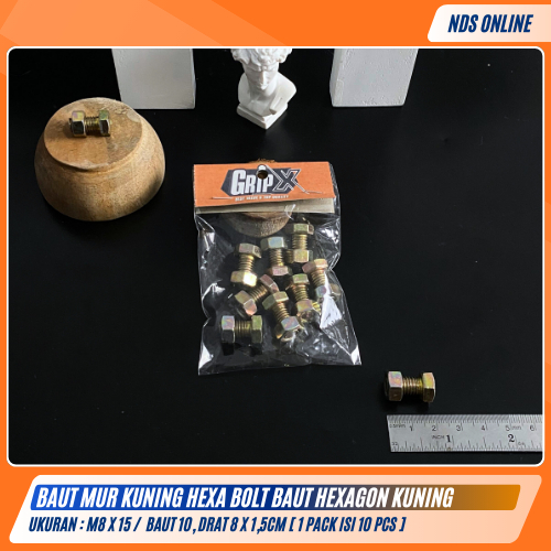 Baut Mur Kuning Hexa Bolt M8x15 Baut & Mur Hexagon Drat 8x1,5cm / Baut 10 [ 1 Pack Isi 10 Pcs ]