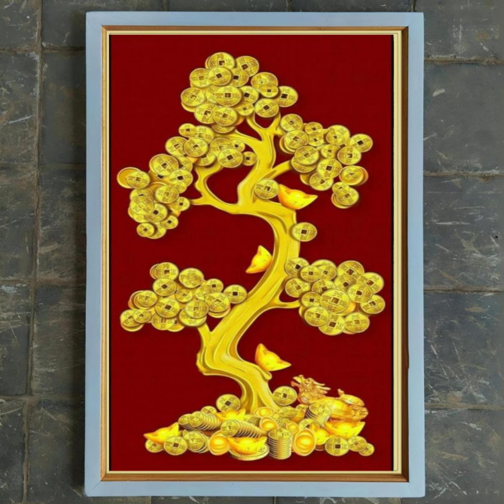 hiasan dinding lukisan cetak pohon koin emas plus bingkai ukuran 85×55