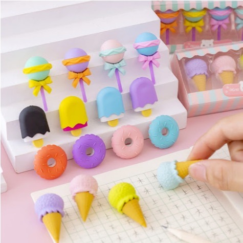 

Penghapus Set Karakter 4pcs / Pengahapus Karet Eraser Bentuk Lolipop Cone Ice Cream Donut Anak Sekolah TK SD SMP SMA Unik Lucu