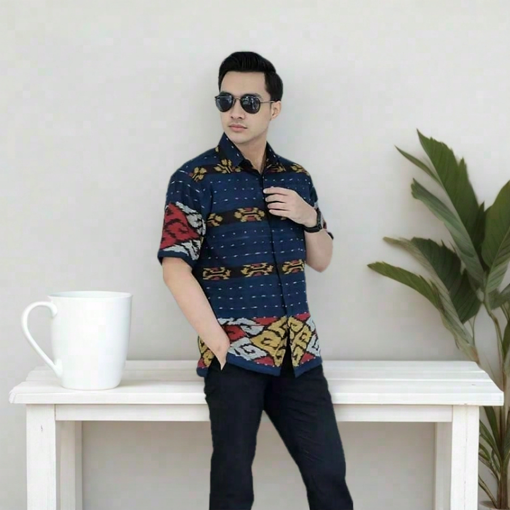 KEMEJA TENUN PRIA ETNIK LENGAN PENDEK MODERN | BAJU TENUN NTT LOMBOK PREMIUM CASUAL FORMAL | KEMEJA 
