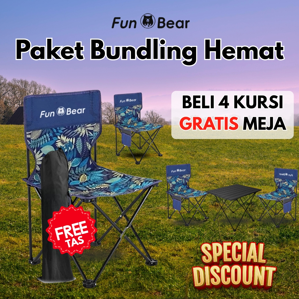 Paket Bundling Hemat Fun Bear | Beli 4 Kursi Outdoor 2XL Gratis Meja Lipat Trail XL | Set Meja Besi 