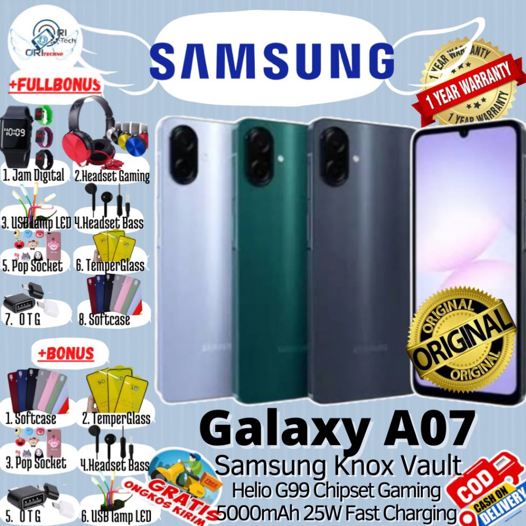 SAMSUNG GALAXY A07 8/256 GB - 6/128 GB - 4/128 GB - 4/64 GB Upto 16GB Helio G99 Processor 100% ORI G