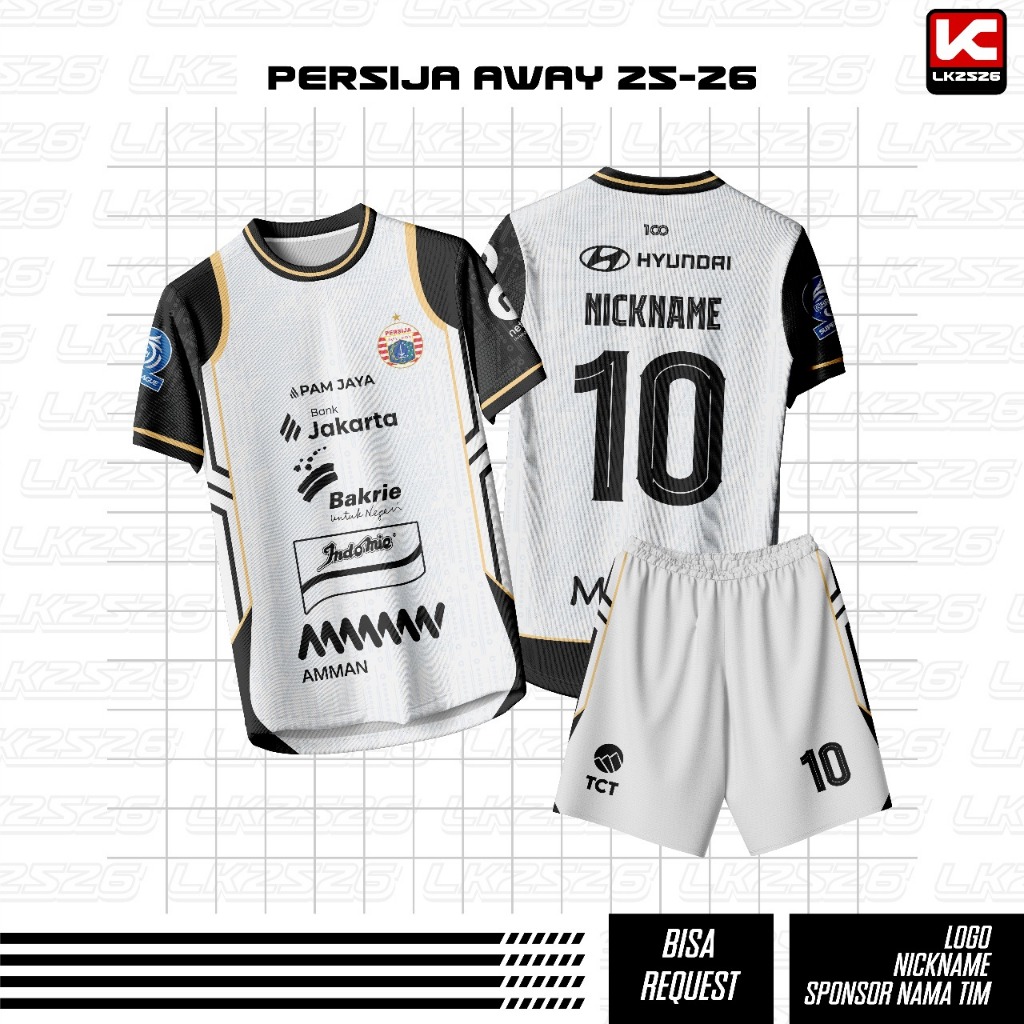 Jersey Bola Custom Nama Dan Nomor PERSIJA AWAY 25/26 LIGA TERBARU MUSIM 2025/2026 PUTIH Full Print S