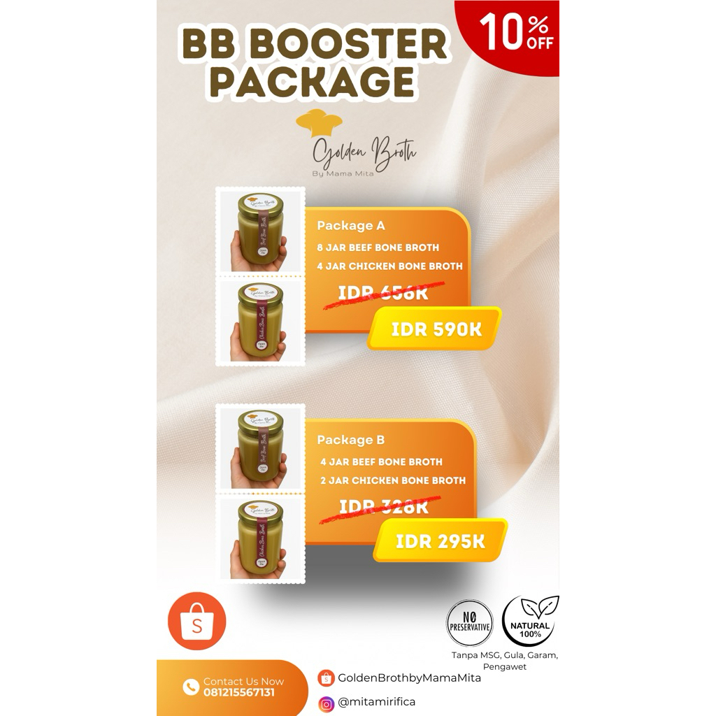 

BB BOOSTER PACKAGE - GOLDEN BROTH BY MAMA MITA - Premium homemade bone broth (kaldu tulang sapi) - Premium homemade beef bone broth (kaldu tulang sapi dan bone marrow sumsum sapi) free range chicken bone broth (kaldu ayam kampung liar organik)