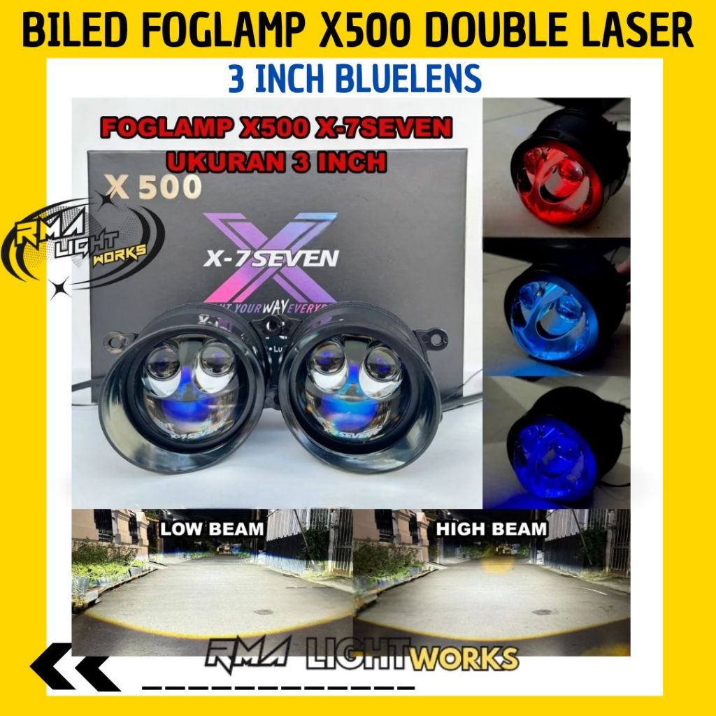 Biled Foglamp X500 Double Laser 3 inch Bluelens Brecket Lengkap Demon eyes Laser Foglamp Mobil