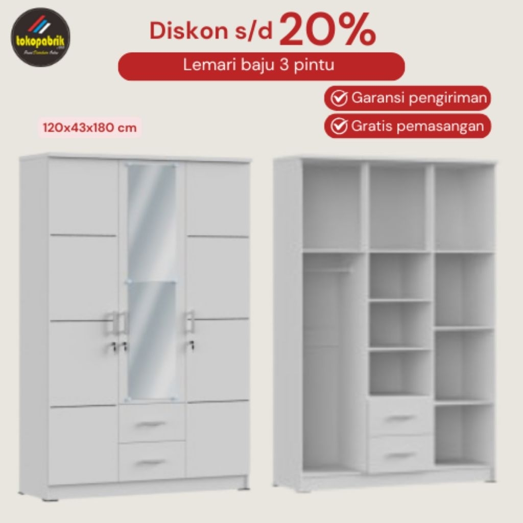 Lemari Pakaian 3 Pintu Putih Minimalis Modern / Lemari Baju 3 Pintu / Lemari Olympic Murah Ciamis Ta