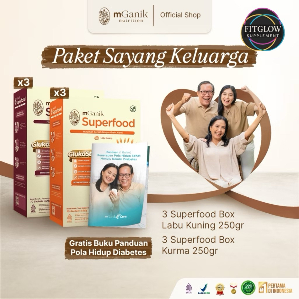 

[FREE Buku Panduan Diabetes] mGanik Superfood Paket Sayang Keluarga 3 Box Superfood Kurma 250g + 3 Box Superfood Labu Kuning 250g