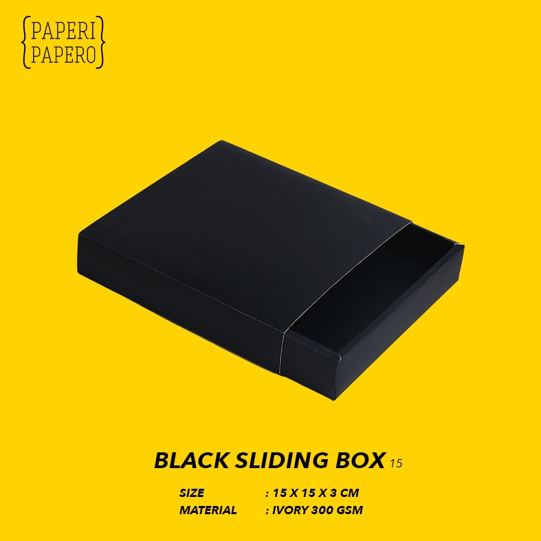 

Black Sliding Box (15 x 15 x 3 cm) - Kotak Packaging Model Laci Geser Hitam Laminasi (5 Pcs)