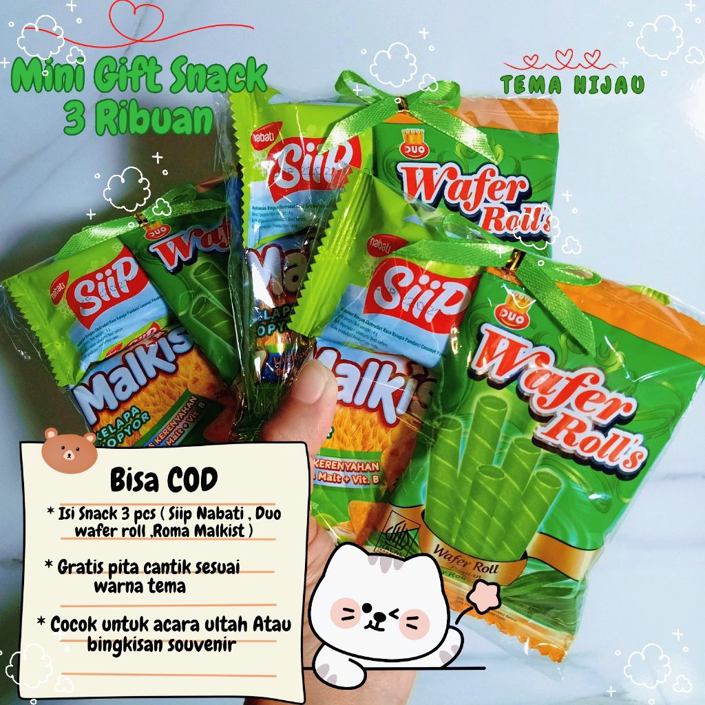 

Mini Gift Snack 3 Ribuan Tema Hijau – Souvenir Ulang Tahun & Hampers Murah Isi 3 Pcs
