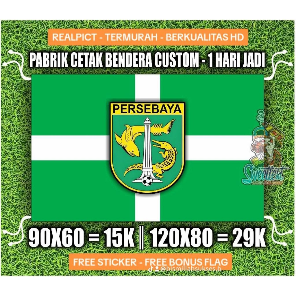 READY STOK + FREE STICKER BENDERA PERSEBAYA SURABAYA, MINIFLAG PERSEBAYA, GIANTFLAG PERSEBAYA, LOGO 