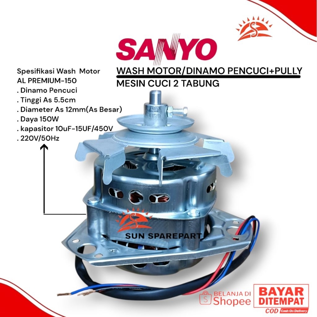 Dinamo wash/Pencuci+Pully Diameter As Besar 12mm Kompatibel mesin cuci Sanyo 2 Tabung