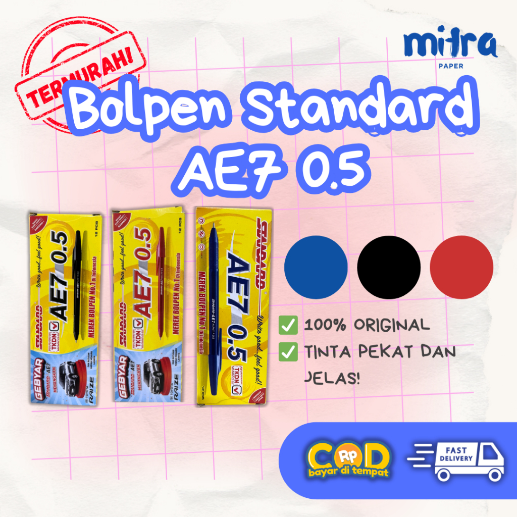 

Bolpen Standard AE7 0.5 – Pulpen Hitam/Biru/Red | Ballpoint Halus Murah untuk Sekolah & Kantor