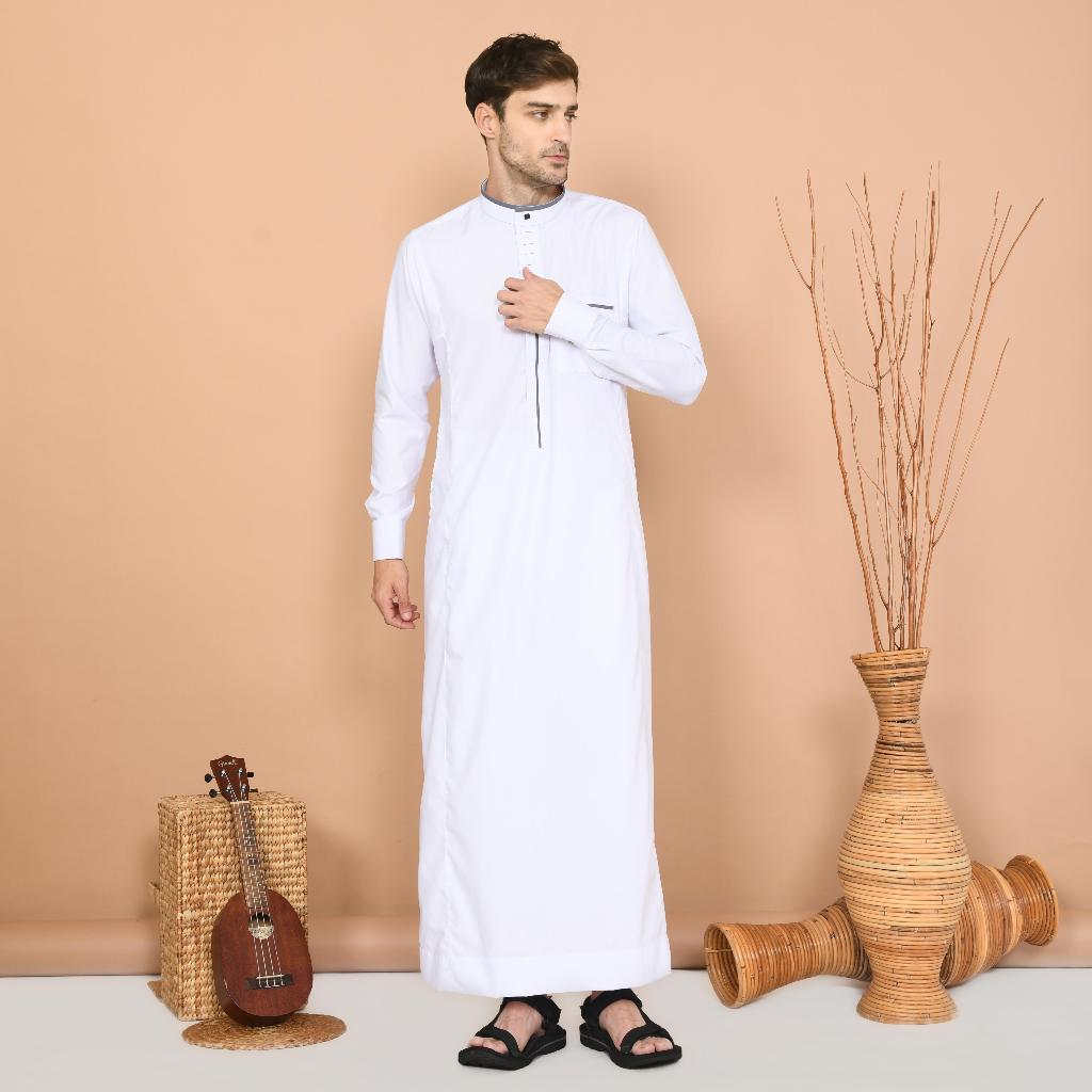 Thobe Pria Slim Fit Putih – Lengan Panjang Bahan Katun Plat