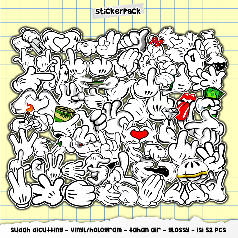 

52pcs stickerpack hand mickey series, stiker vinyl & hologram tahan air