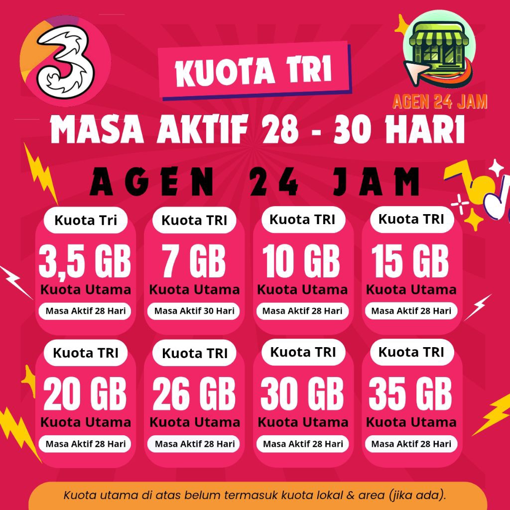 PAKET DATA TRI MASA AKTIF 28 - 30 HARI / KUOTA INTERNET TRI BULANAN MURAH | 24 JAM FAST RESPON