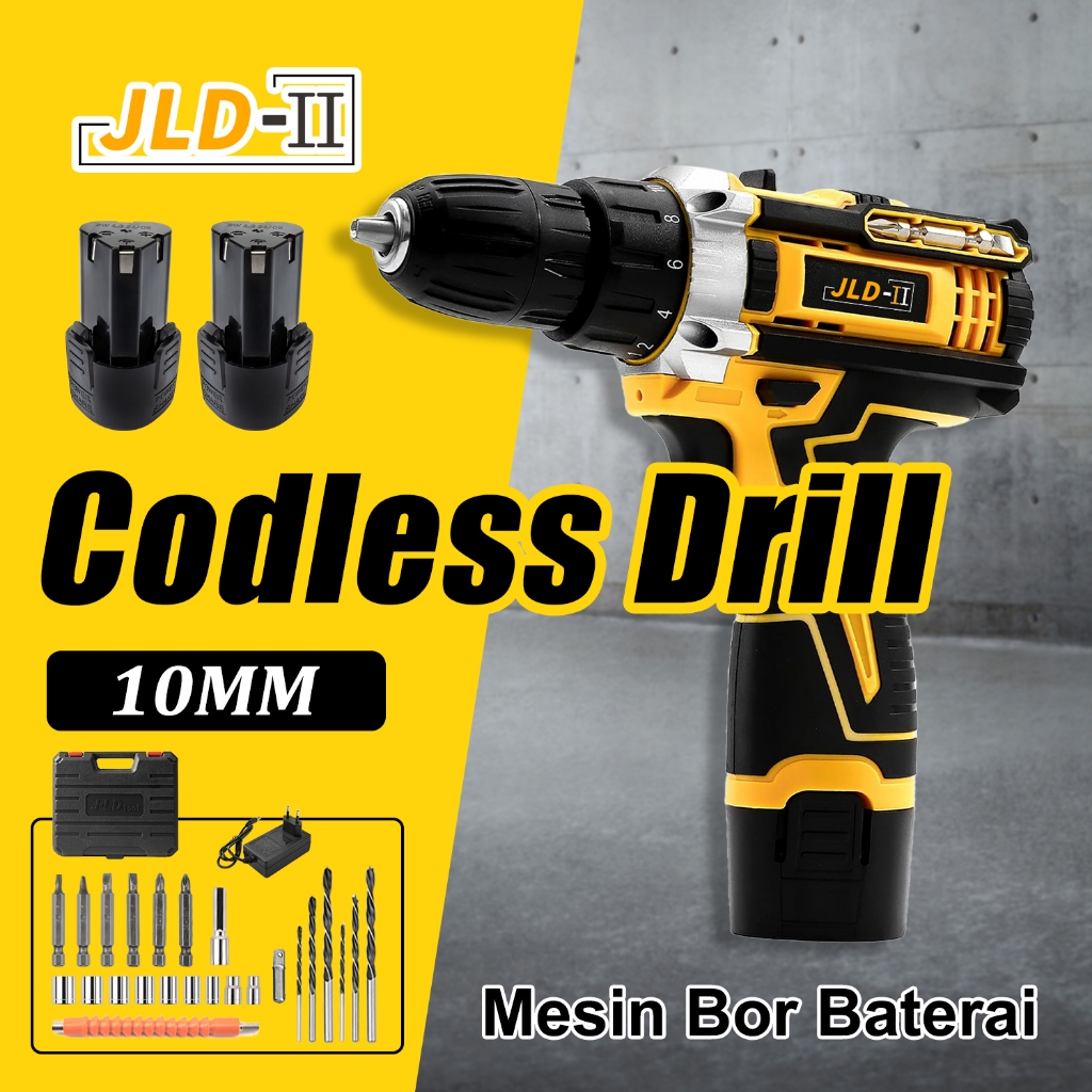 JLD-II Mesin bor baterai 15V mesin bor cas 2 baterai promo 10mm bor tangan tanpa kabel bor baterai f