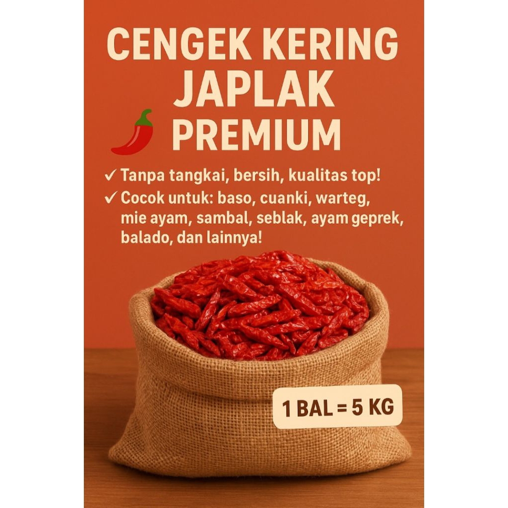 

Cengek Kering Japlak / Cabe Kering Tanpa Tangkai – Kualitas Premium 1 Bal (5Kg)