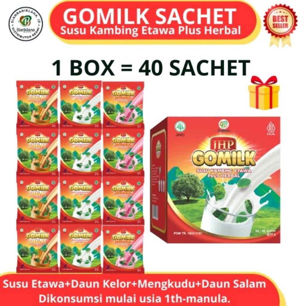 

GOMILK SACHET/1 BOX netto 1KG isi 40 Sachet/SUSU KAMBING ETAWA PLUS HERBAL