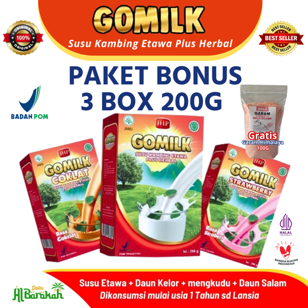 

Paket 3 dus GOMILK Susu Kambing Etawa Herbal Plus 200gr - Atasi Nyeri Sendi Asam Urat Rematik