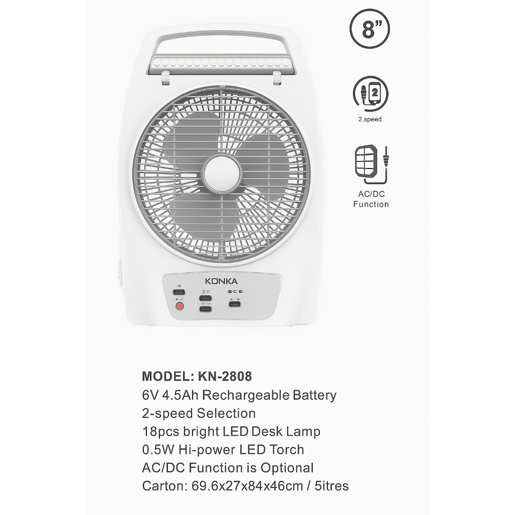 Kipas Angin Portable Rechargeable 8 Inch Murah Meriah KONKA KN-2808 Pengirian Cepat