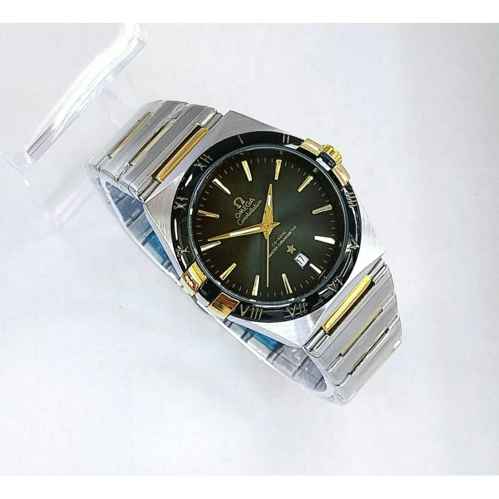 JAM TANGAN PRIA RANTAI KLASIK SILVER COMBI GOLD PLAT HIJAU