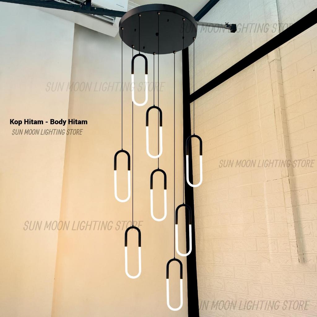 Lampu gantung void tangga oval 8in1 led body gold hitam minimalis