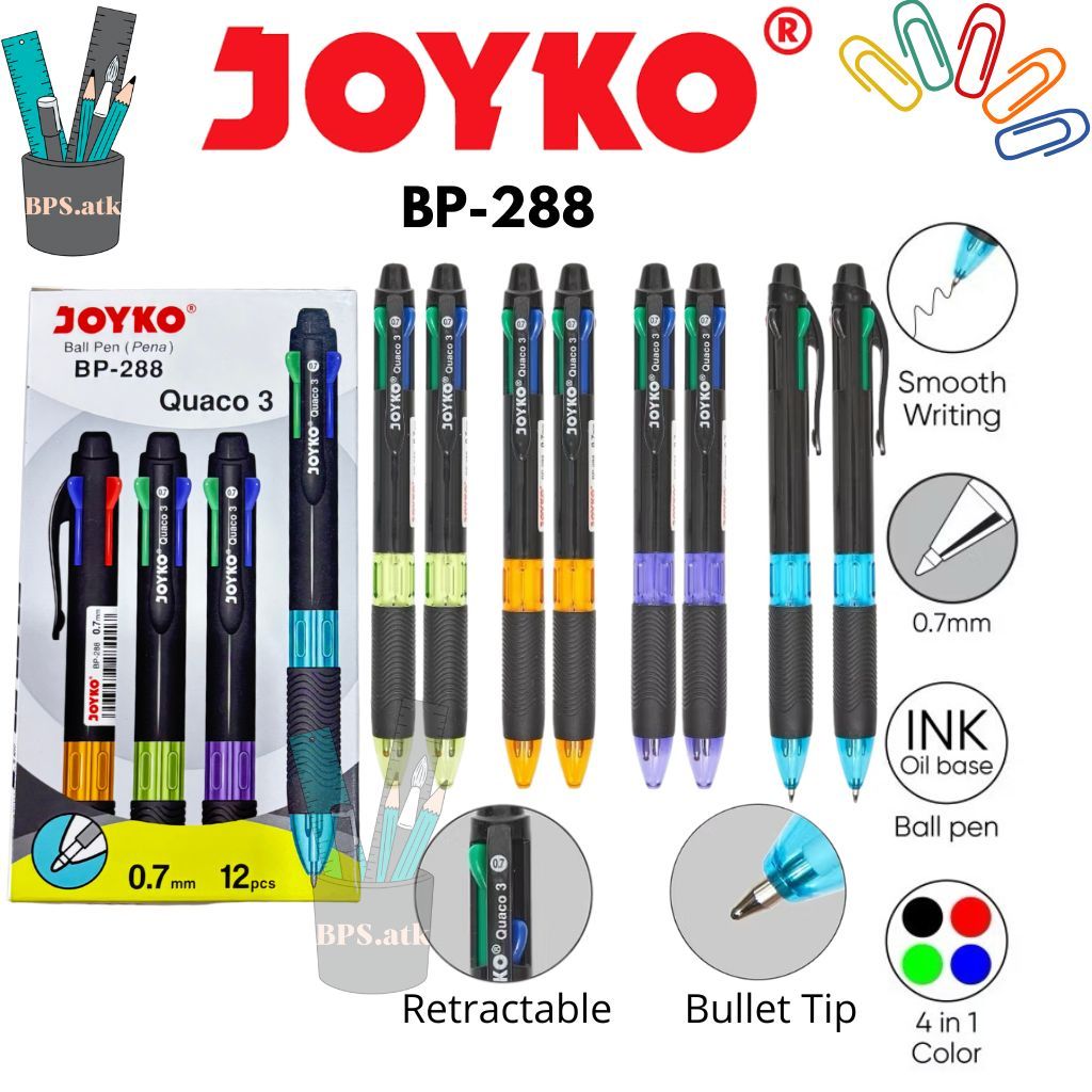 

(12 pcs) JOYKO Pulpen 4 WARNA / Ball Pen Pulpen Pena BP-288 Quaco 3 0.7 mm