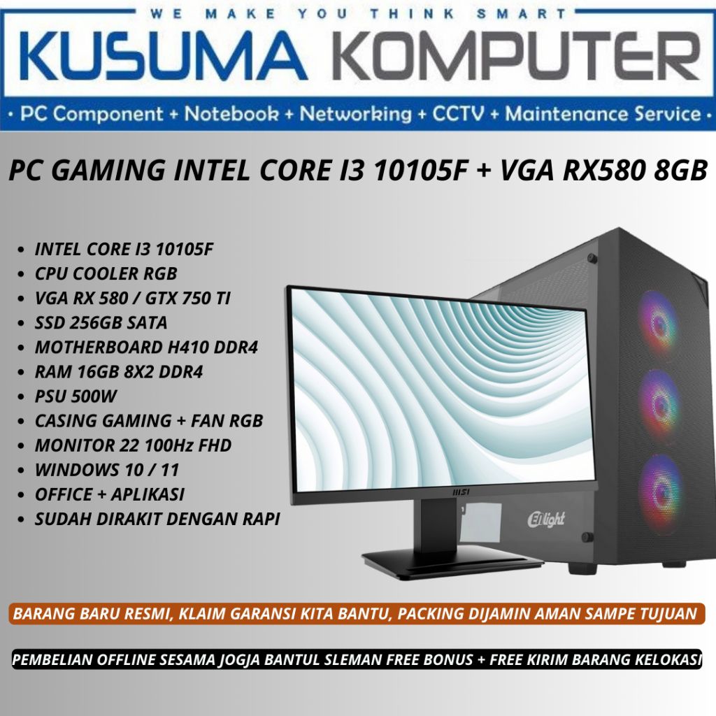 Fullset PC Gaming Editing Intel Core i3 10105F / VGA RX 580 8GB / 16GB RAM