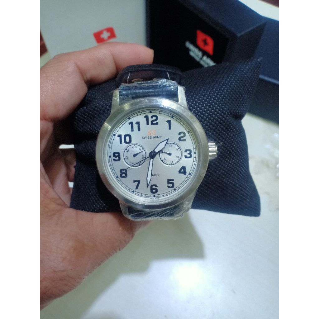 JAM TANGAN WANITA/PRIA SWIS ARMY S.A 93429 MA CRONO TGL HARI AKTIF ORIGINAL KULIT ALL STAINLESS STEE