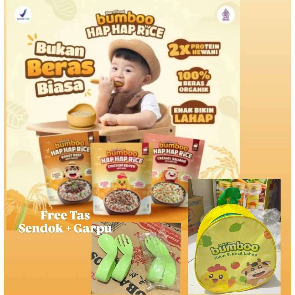 

BUMBOO Hap Hap Rice FREE SENDOK GARPU DAN TAS - 100% Beras Organik Tanpa Pestisida - Double Protein Hewani - Bahan Alami - Tanpa Pengawet