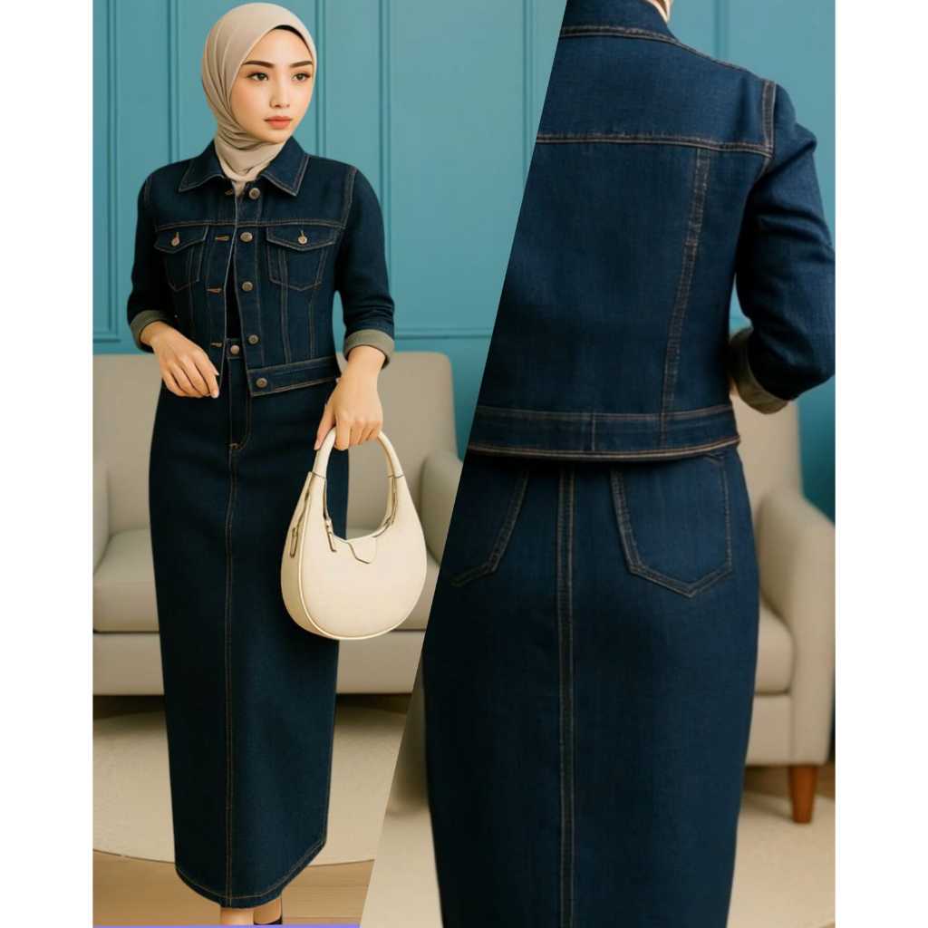Setelan Jeans Wanita Terbaru 2 in 1 Pakaian Wanita Muslim Kekinian Vivian Oneset Set Rok dan Atasan 