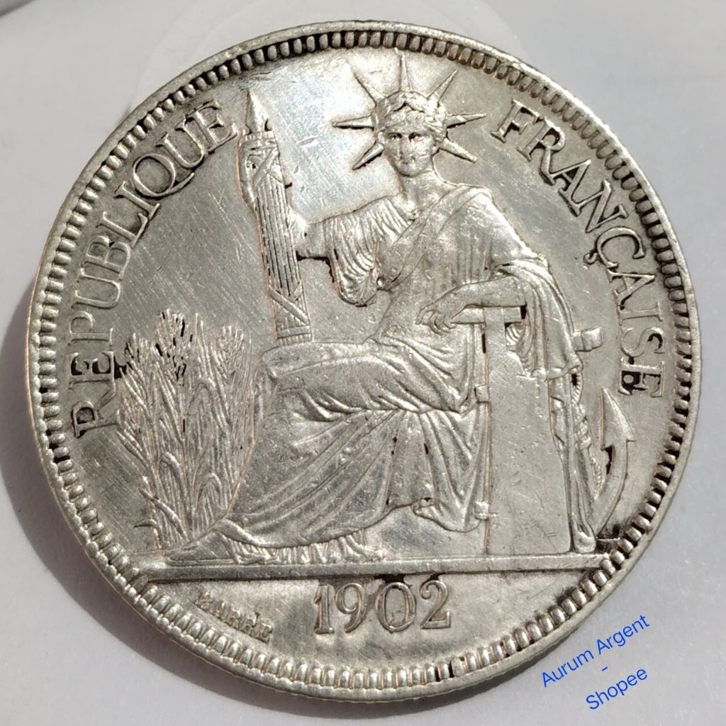 T.14-- 1 PC KOIN PERAK KUNO ASLI PIASTRE REPUBLIQUE FRANÇAISE TH 1902. --  SILVER COIN --