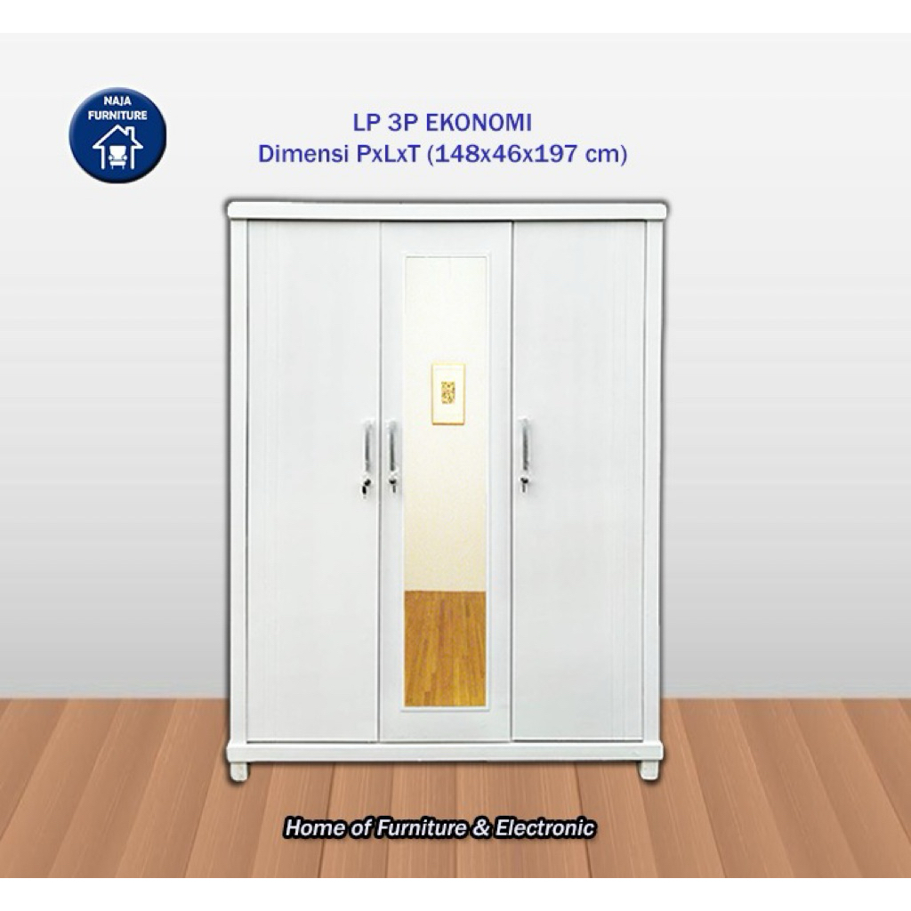 Lemari Pakaian 3 Pintu Ekonomi | Lemari 3 Pintu Buka | Lemari Minimalis Cermin + Gantung | Lemari 3 