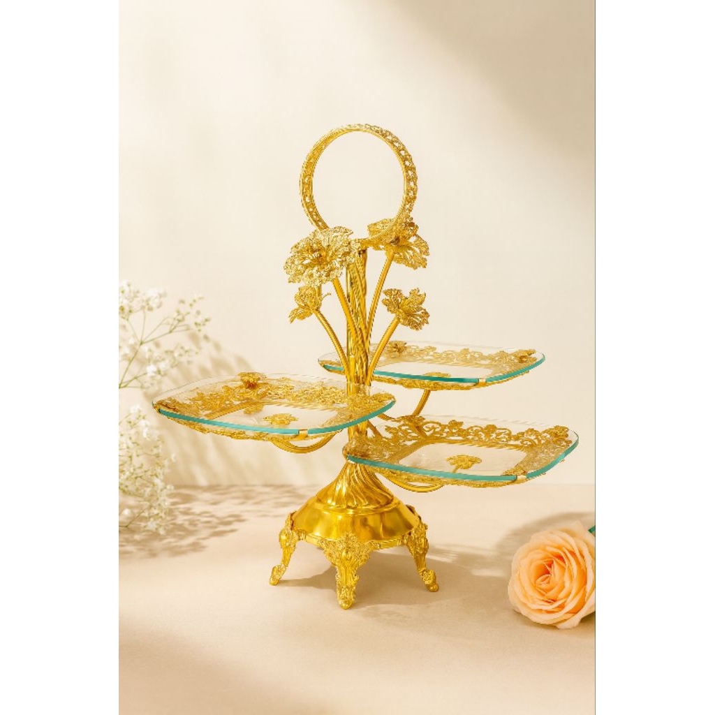 Tempat Kue Mewah 4 Tingkat Kaca & Emas | Stand Camilan Elegan Dekorasi Meja Tamu