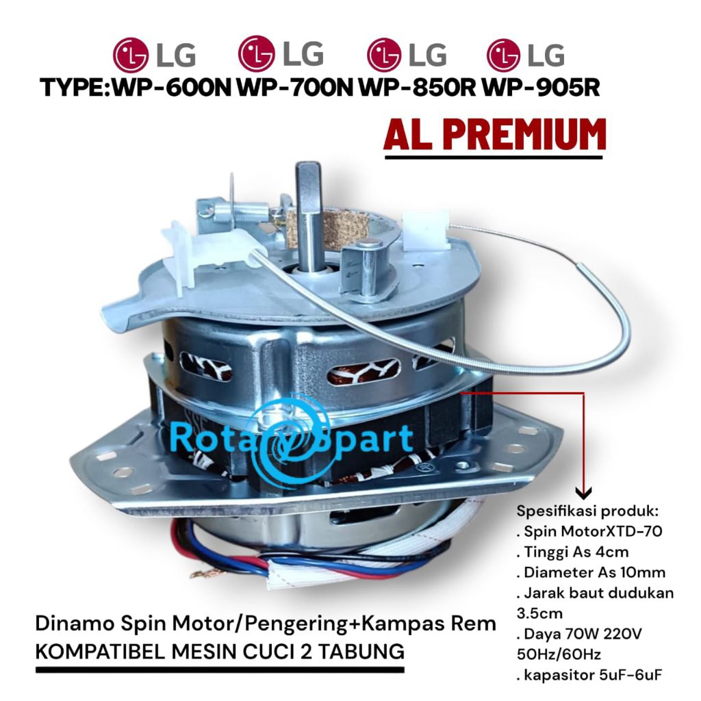 Dinamo Spin Motor+Kampas rem Kompatibel Mesin cuci LG 2 Tabung WP-600N WP-700N WP-850R