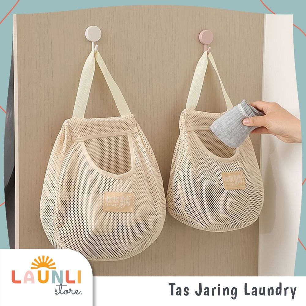 Tas Jaring Laundry Gantung Organizer Tempat Penyimpanan Pakaian Kaos Kaki Praktis Baju Kotor