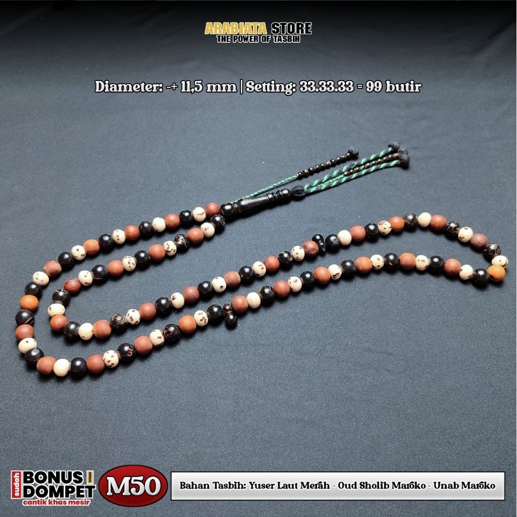Tasbih Kombinasi Unab Maroko Yuser Laut Merah Oud Sholib Putih Asli