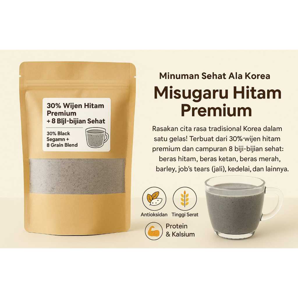 Misugaru  Wijen Hitam Korea – Campuran 8 Biji-bijian Sehat (Black Sesame Grain Powder)